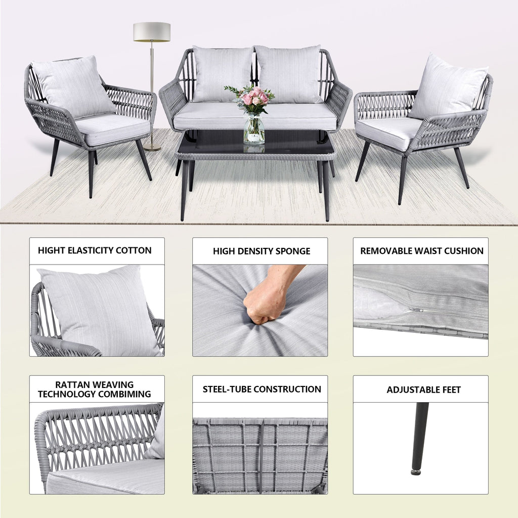 Ensemble de meubles de jardin 4 pièces, salon de jardin en osier pour terrasse, canapé-lit en rotin gris avec coussin et table