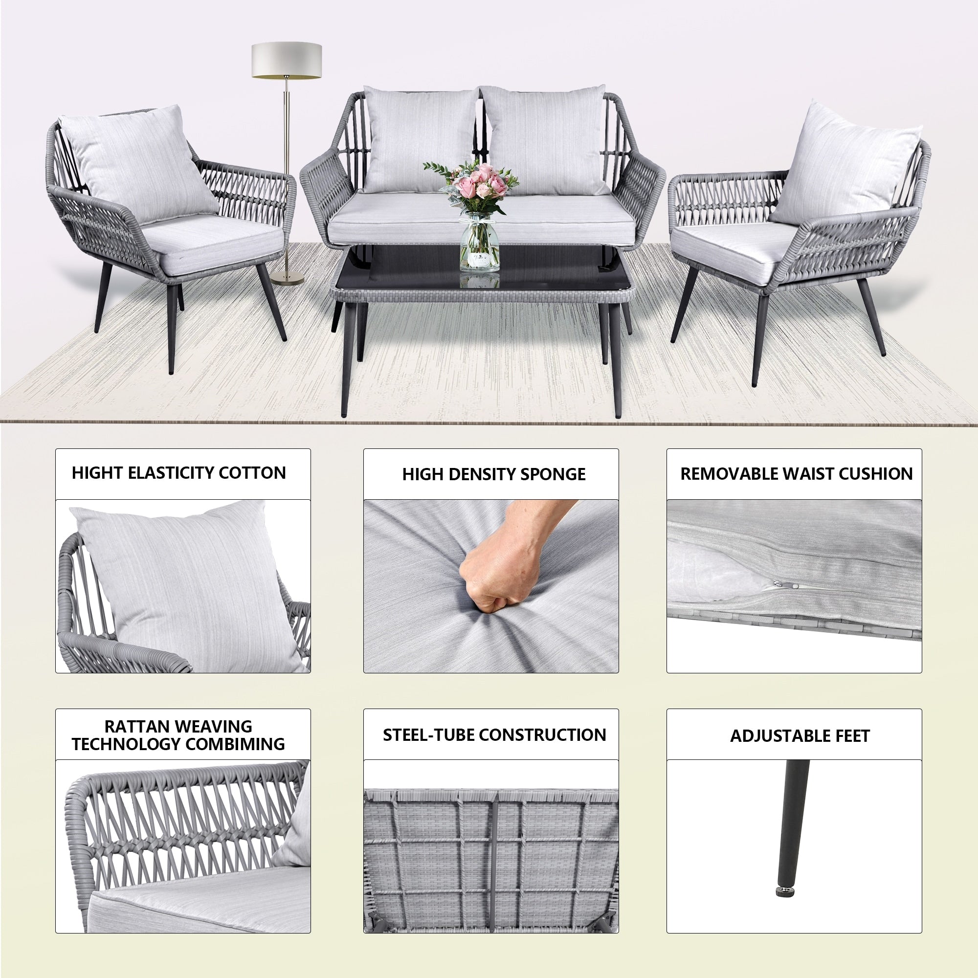 Ensemble de meubles de jardin 4 pièces, salon de jardin en osier pour terrasse, canapé-lit en rotin gris avec coussin et table