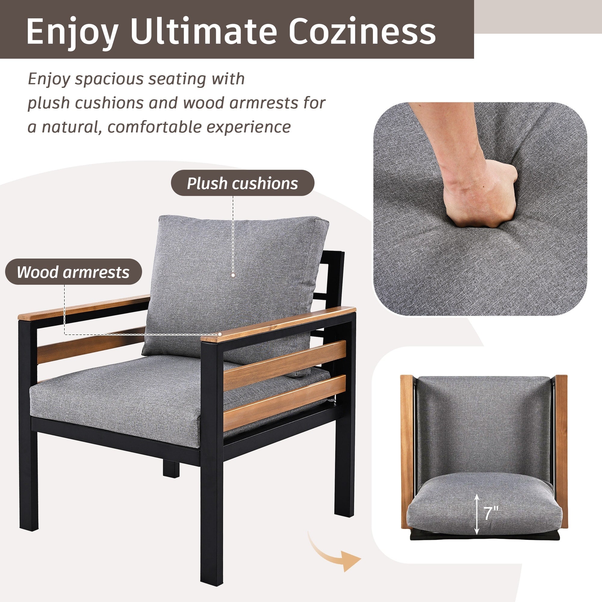 Ensemble de canapés d'extérieur 4 pièces pour 5 personnes avec coussin amovible et table basse en bois massif