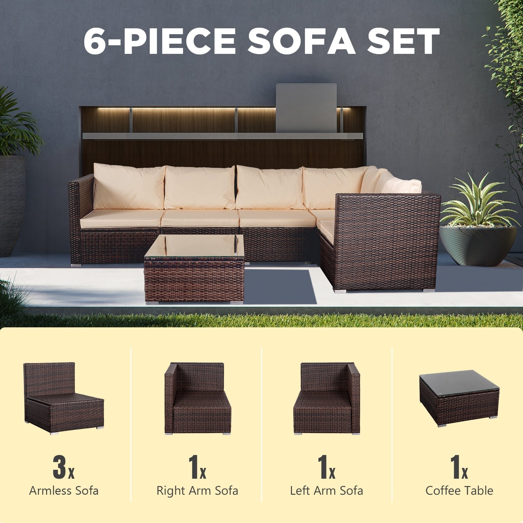 Ensemble de salon de jardin 4 pièces avec coussins épais, canapé d'extérieur en osier et table basse