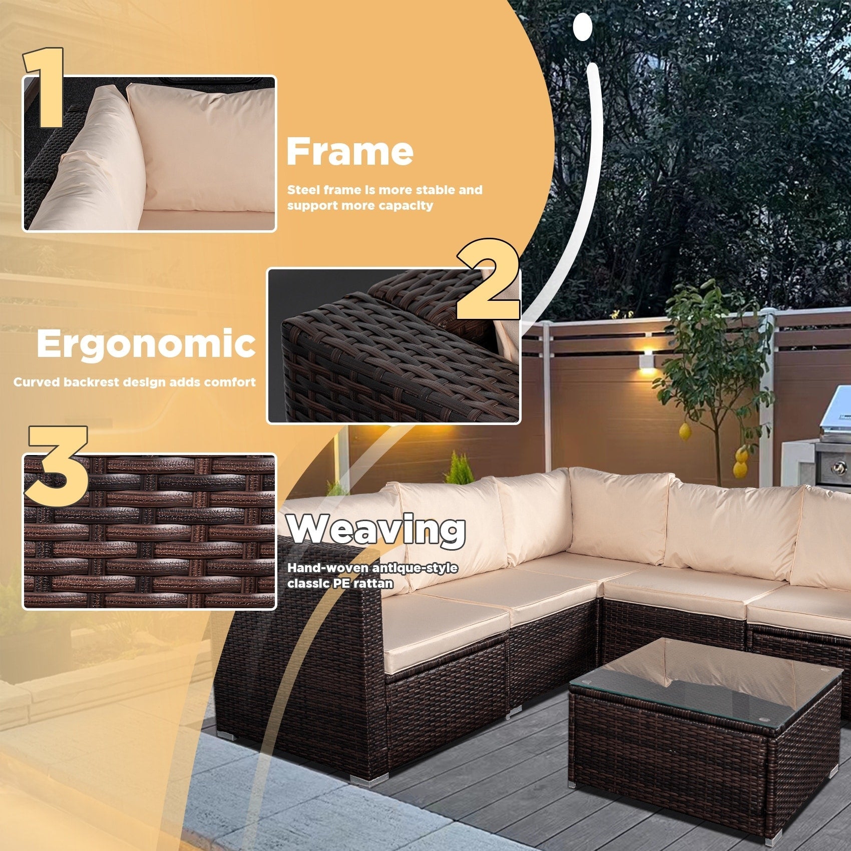 Ensemble de salon de jardin 4 pièces avec coussins épais, canapé d'extérieur en osier et table basse