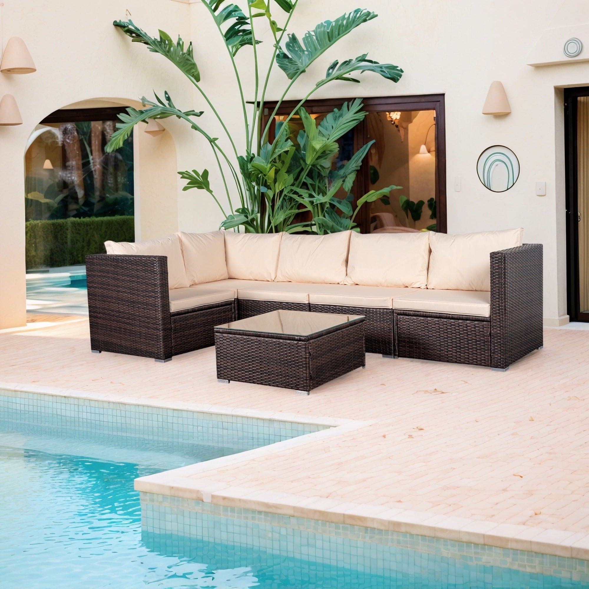 Ensemble de salon de jardin 4 pièces avec coussins épais, canapé d'extérieur en osier et table basse