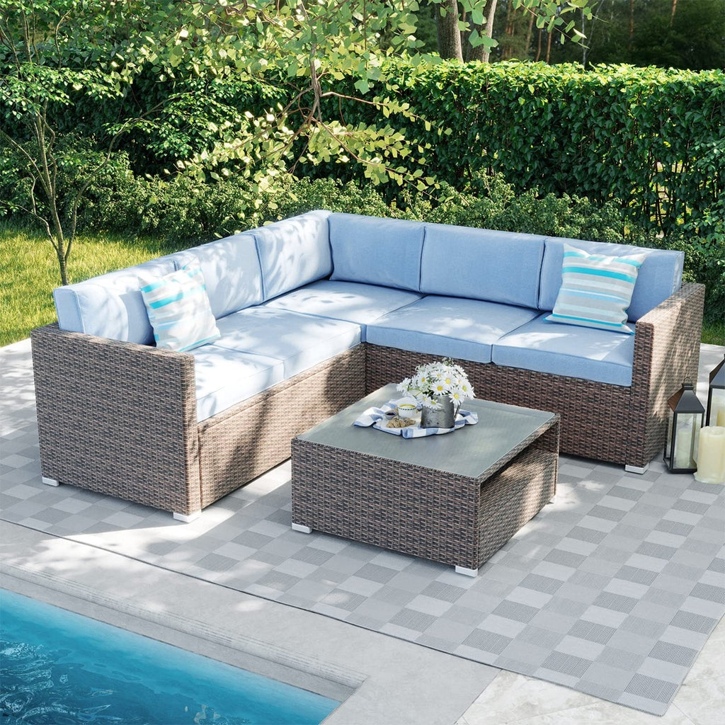 Ensemble de salon de jardin 4 pièces avec coussins épais, canapé d'extérieur en osier et table basse