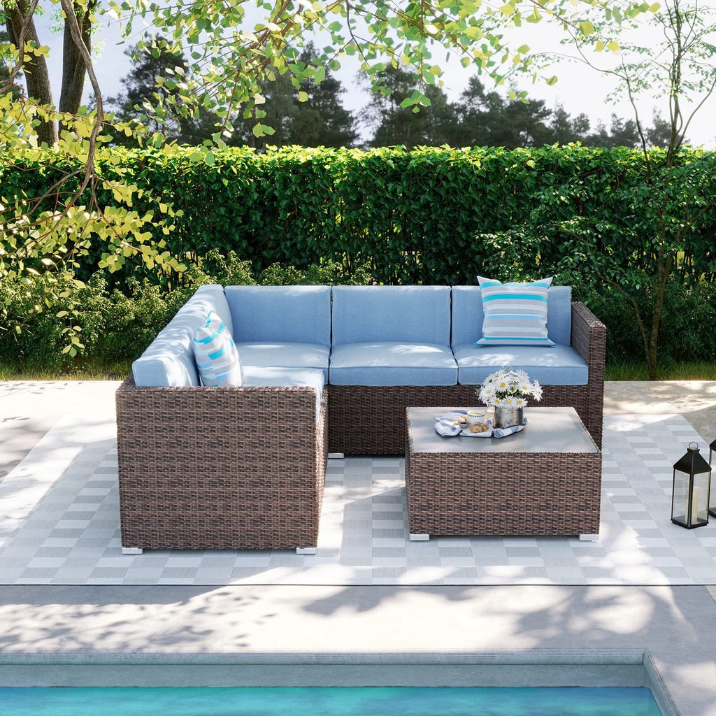 Ensemble de salon de jardin 4 pièces avec coussins épais, canapé d'extérieur en osier et table basse