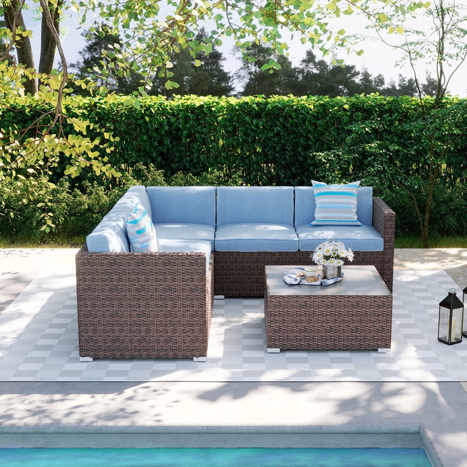 Ensemble de salon de jardin 4 pièces avec coussins épais, canapé d'extérieur en osier et table basse