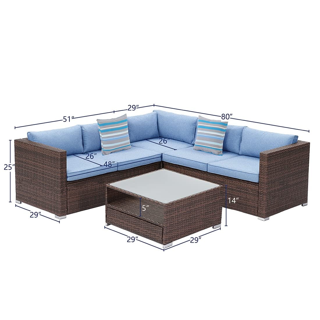 Ensemble de salon de jardin 4 pièces avec coussins épais, canapé d'extérieur en osier et table basse