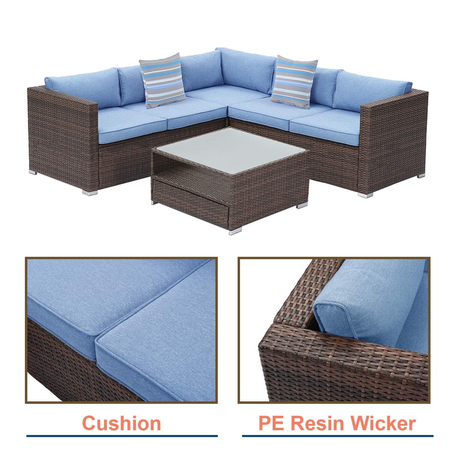 Ensemble de salon de jardin 4 pièces avec coussins épais, canapé d'extérieur en osier et table basse