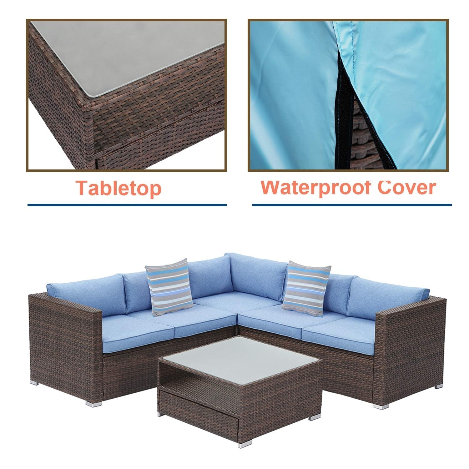 Ensemble de salon de jardin 4 pièces avec coussins épais, canapé d'extérieur en osier et table basse