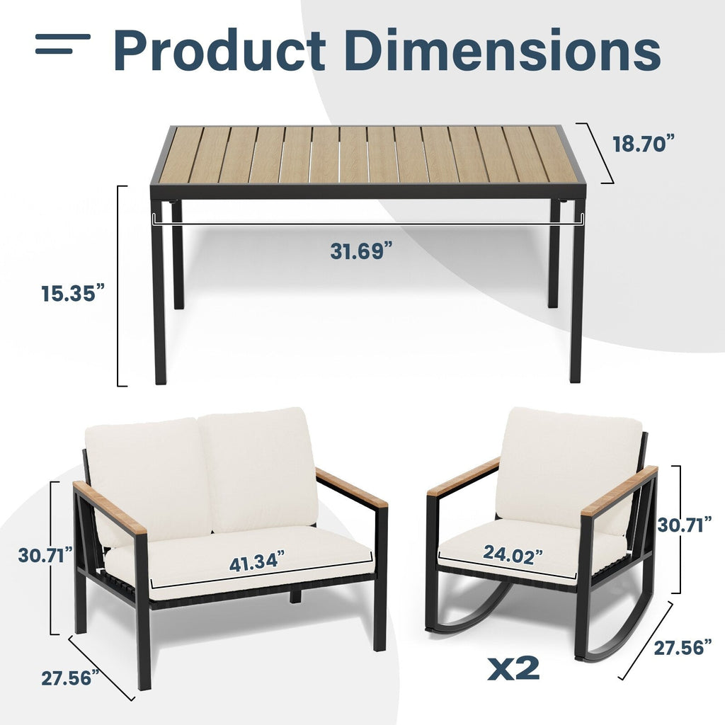 Ensemble de conversation de patio 4 pièces avec coussins et chaises berçantes