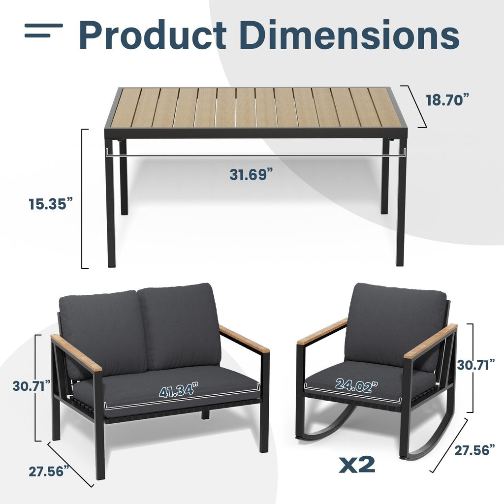 Ensemble de conversation de patio 4 pièces avec coussins et chaises berçantes