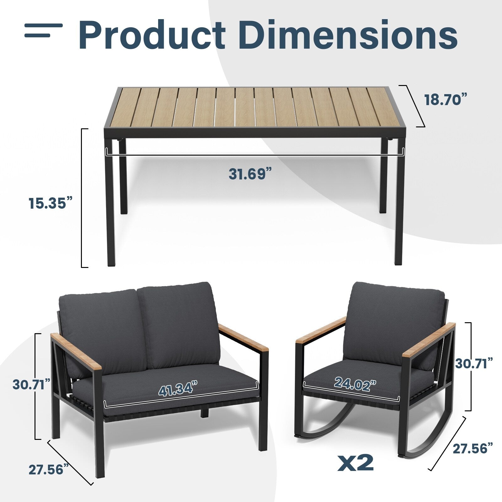 Ensemble de conversation de patio 4 pièces avec coussins et chaises berçantes