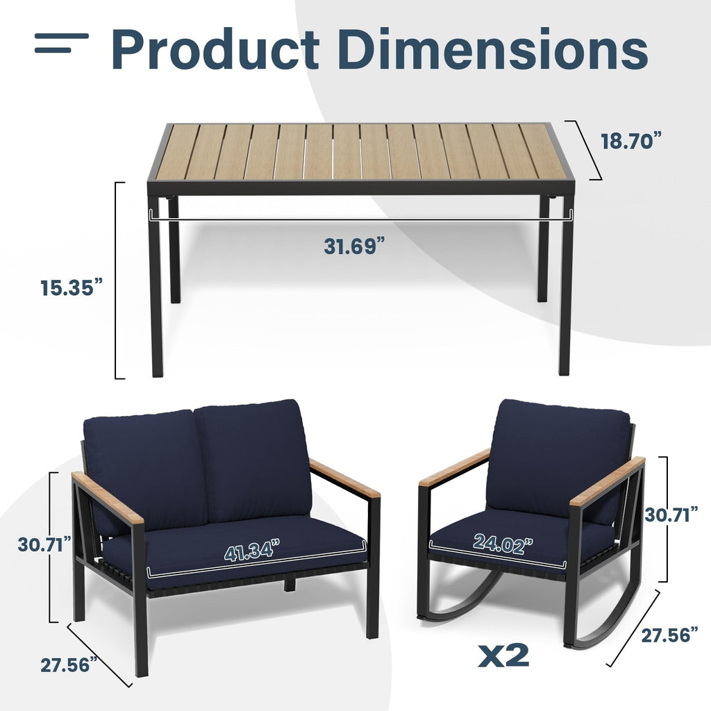 Ensemble de conversation de patio 4 pièces avec coussins et chaises berçantes