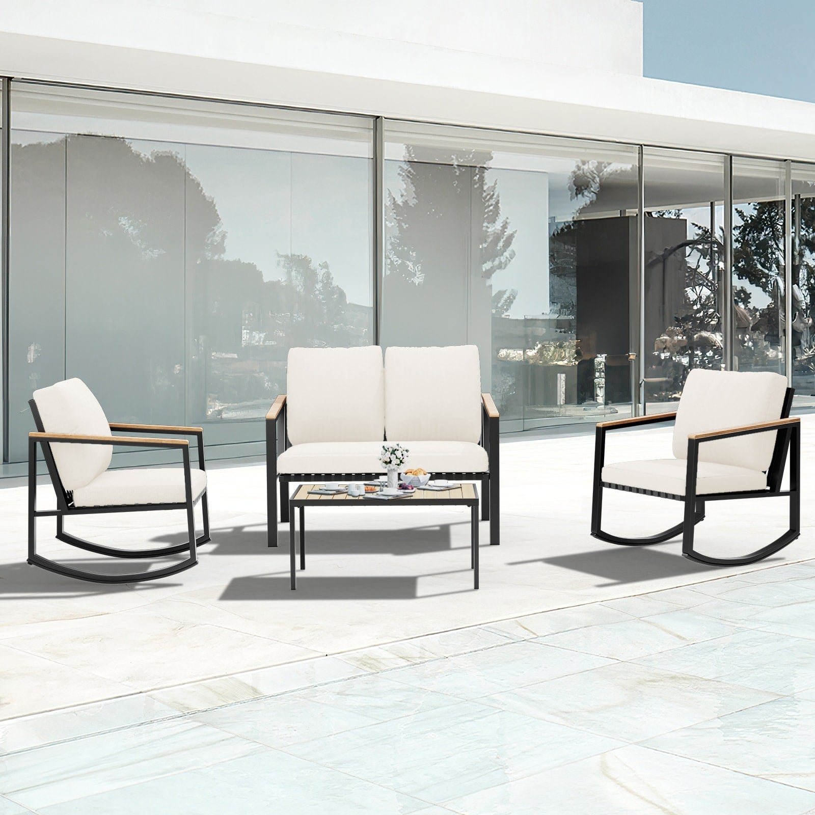 Ensemble de conversation de patio 4 pièces avec coussins et chaises berçantes