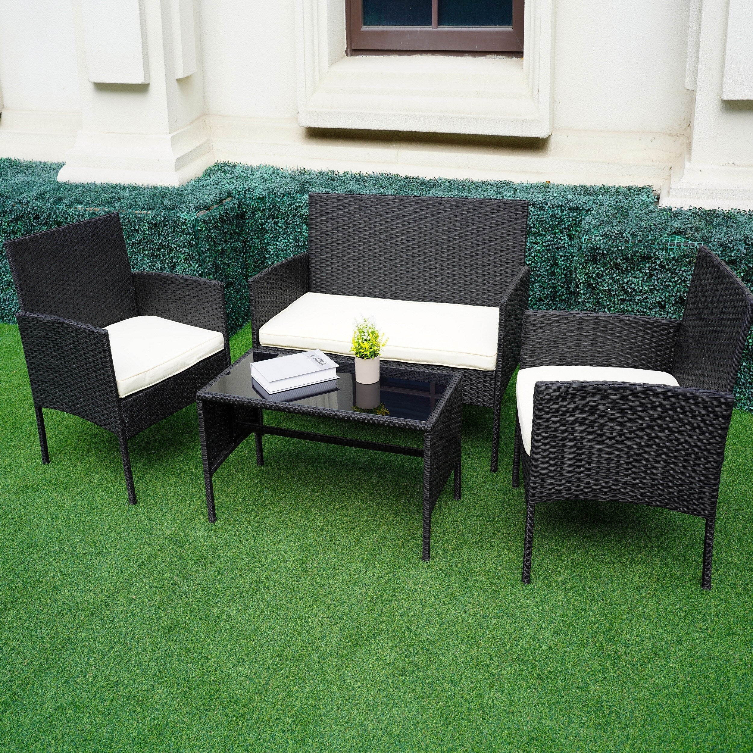 Ensemble de 4 meubles de jardin en osier, sectionnels et en rotin, avec coussins, pour jardin