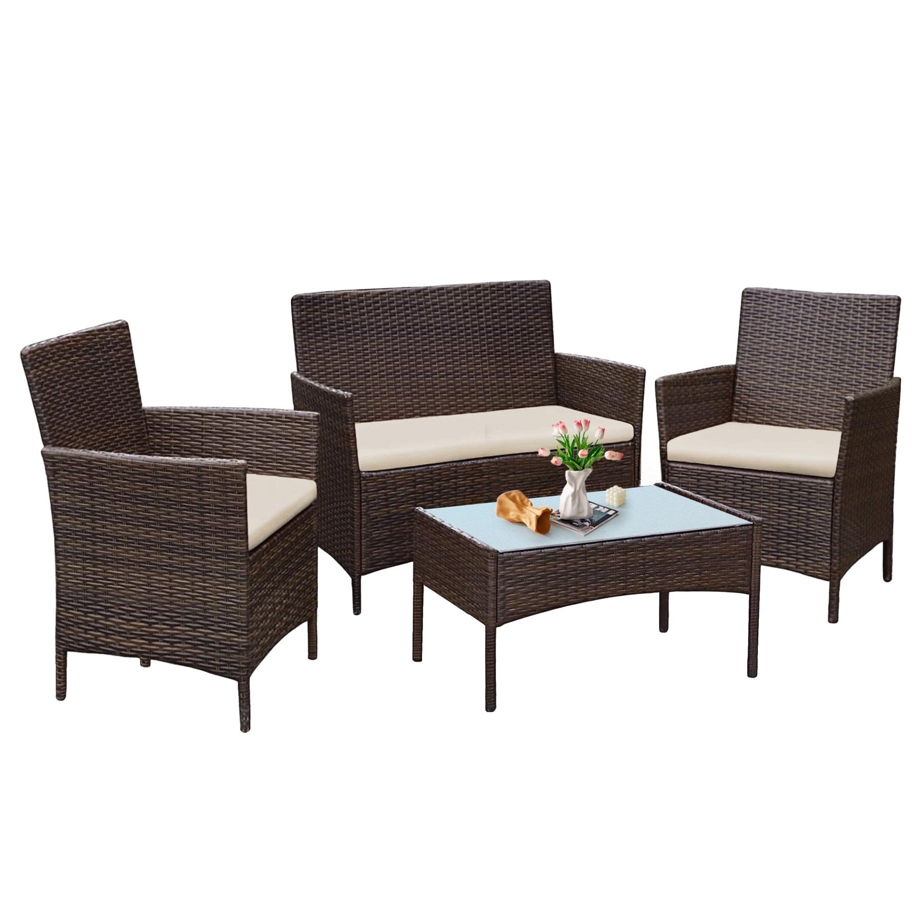 Ensemble de meubles de jardin 4 pièces avec coussins, salon de jardin en osier et table basse en verre