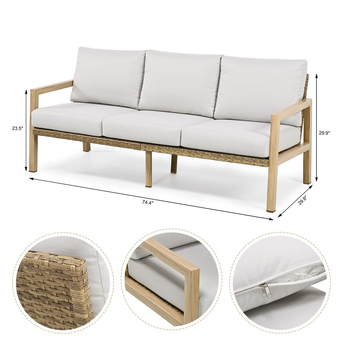 Ensemble de conversation de patio 4 pièces en aluminium à grain de bois avec dossier et coussins en rotin