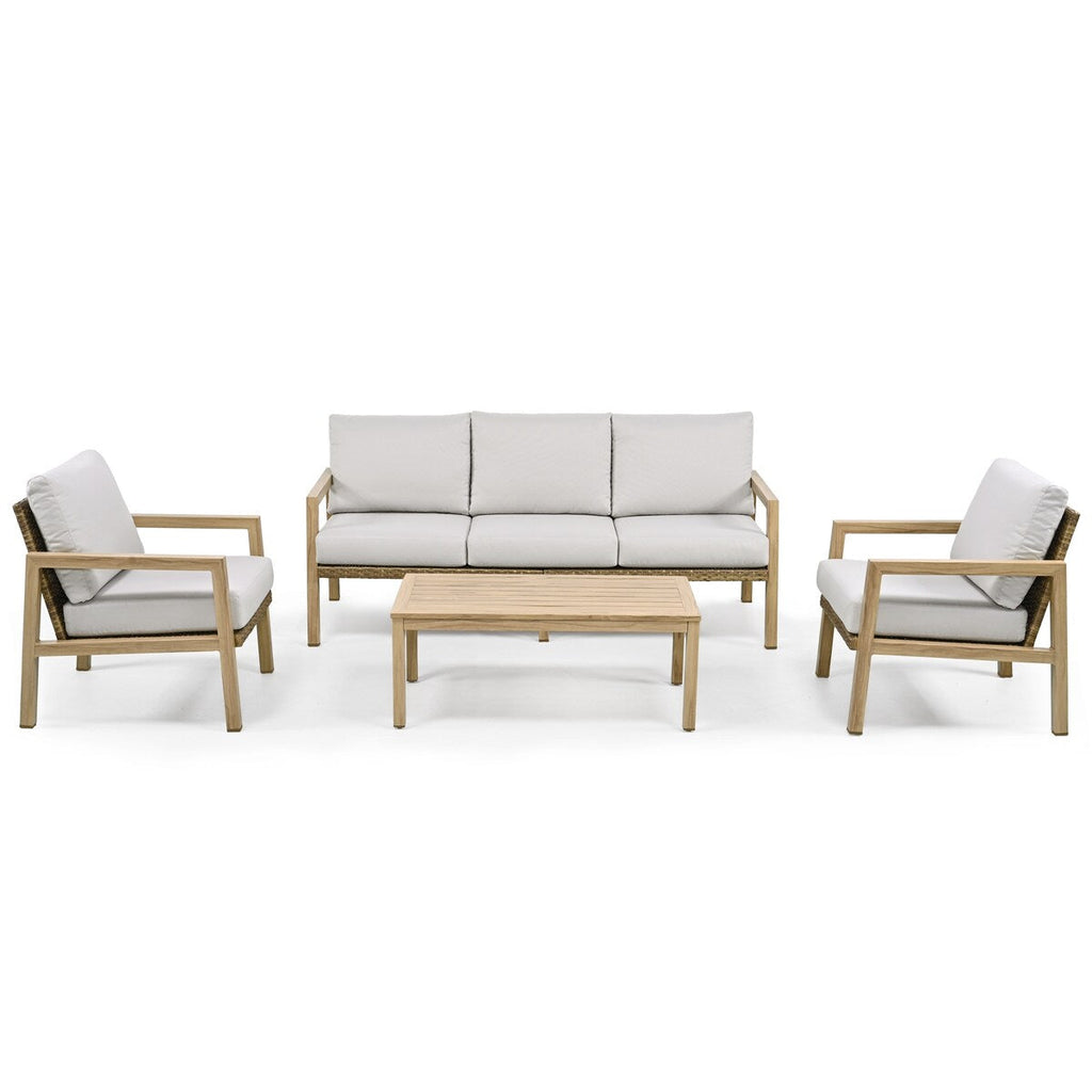 Ensemble de conversation de patio 4 pièces en aluminium à grain de bois avec dossier et coussins en rotin