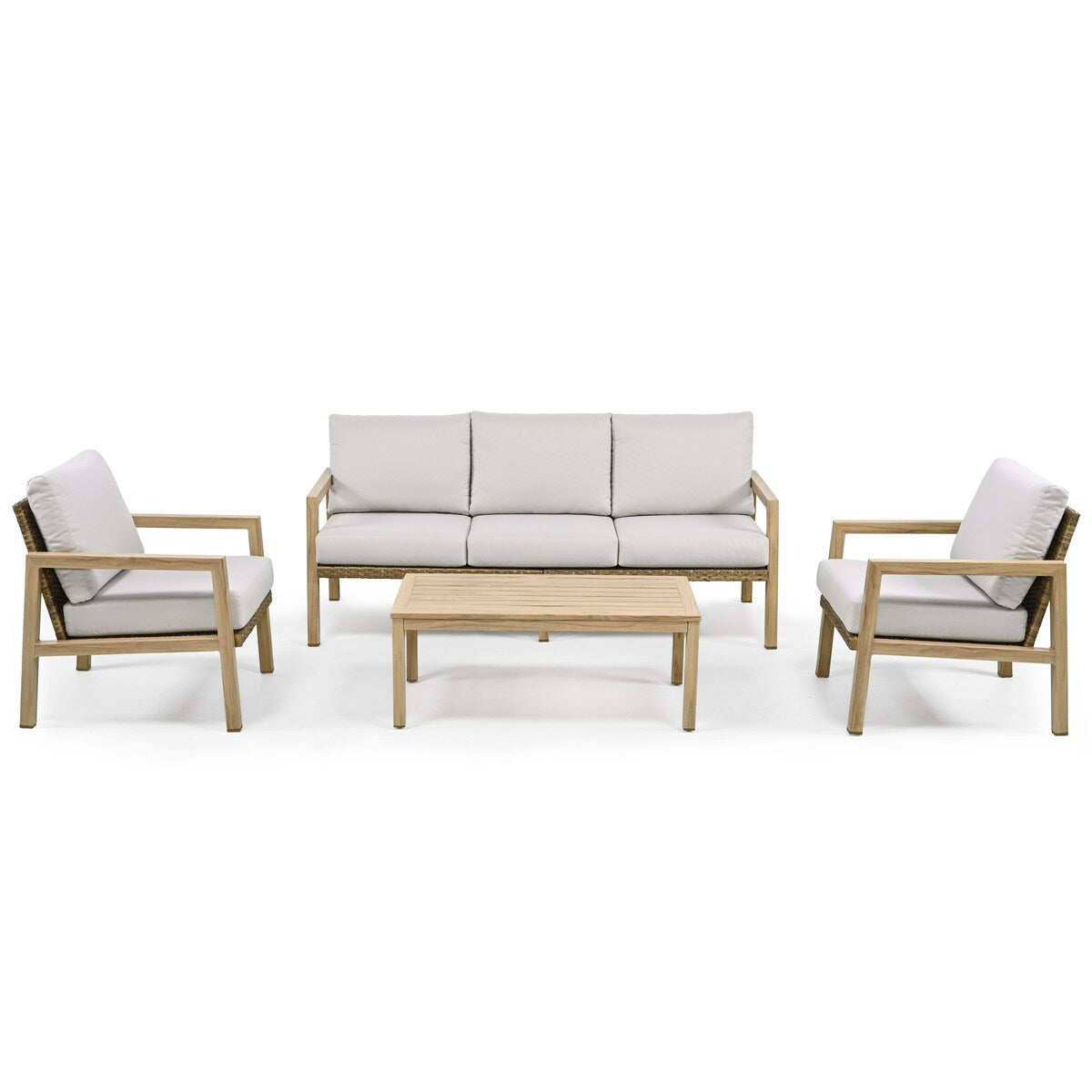 Ensemble de conversation de patio 4 pièces en aluminium à grain de bois avec dossier et coussins en rotin