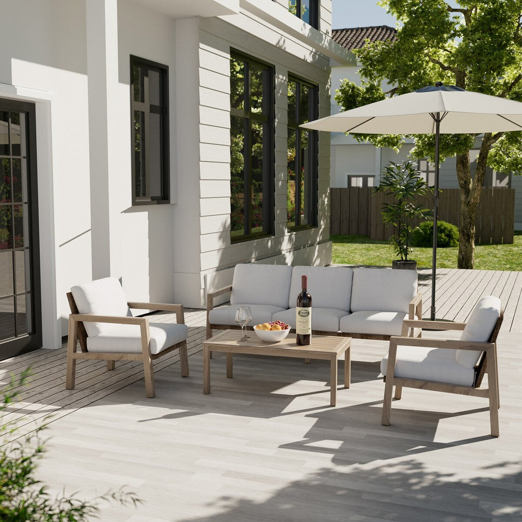 Ensemble de conversation de patio 4 pièces en aluminium à grain de bois avec dossier et coussins en rotin