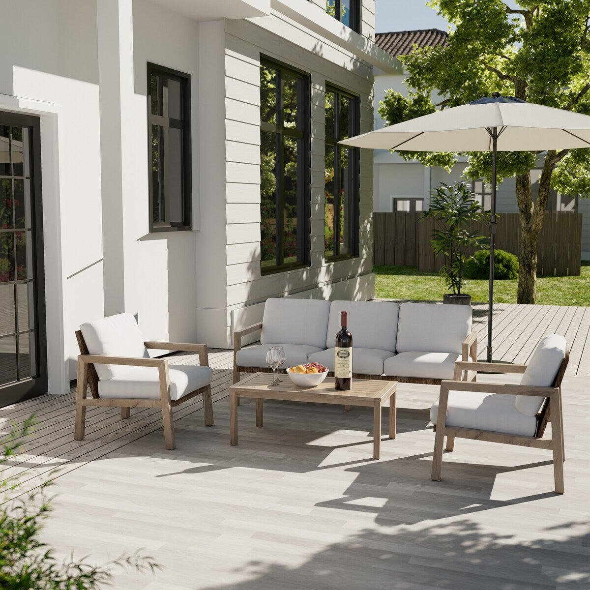 Ensemble de conversation de patio 4 pièces en aluminium à grain de bois avec dossier et coussins en rotin