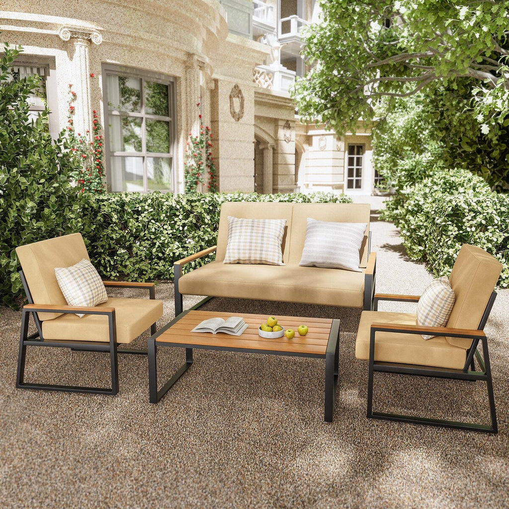 Salon de jardin 4 pièces en bois massif avec housses de coussin amovibles