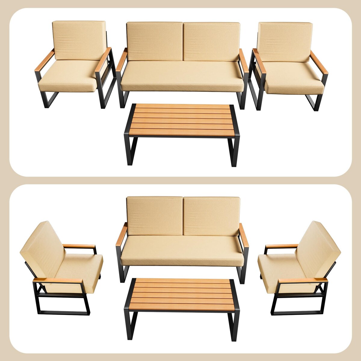 Salon de jardin 4 pièces en bois massif avec housses de coussin amovibles