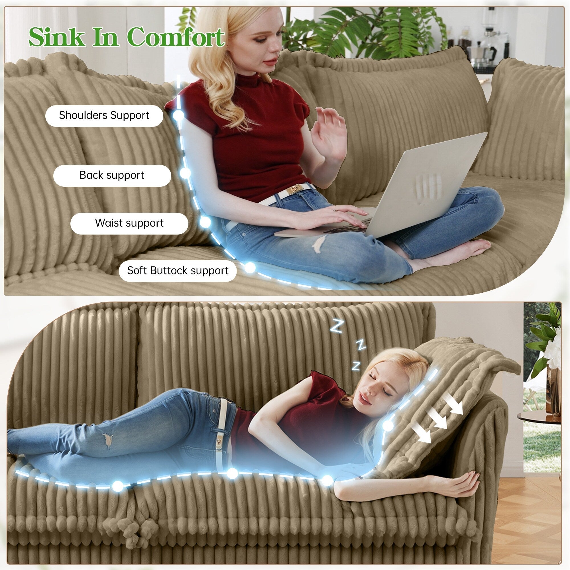 Canapé 4 places en velours côtelé extra profond pour salon