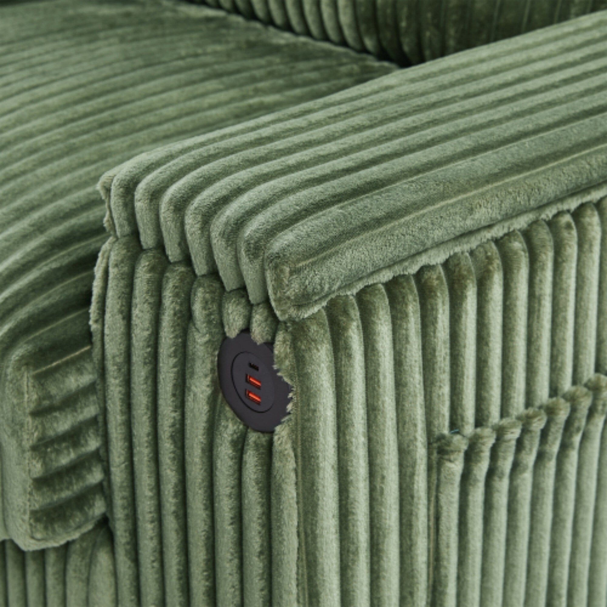 Canapé 4 places moderne en velours côtelé avec ports USB, rangement dissimulé et porte-gobelets rabattables