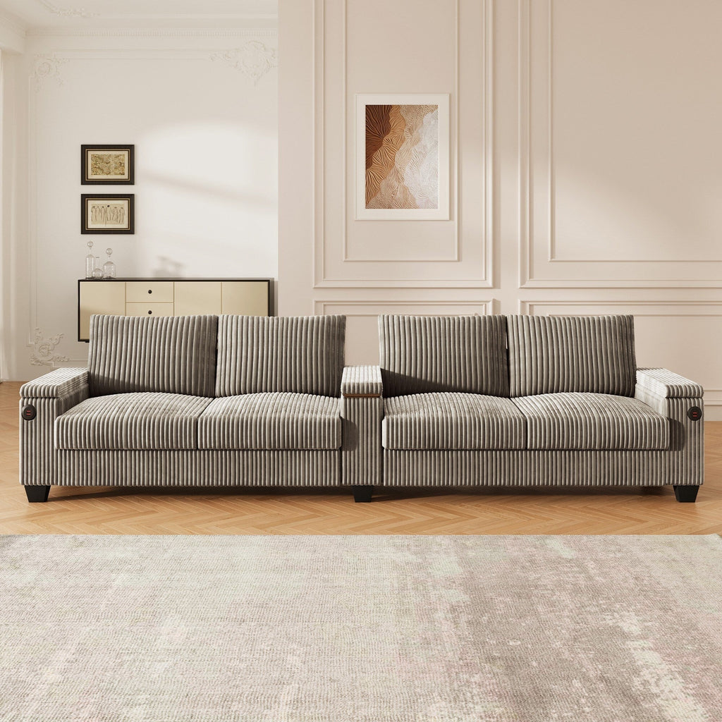 Canapé 4 places moderne en velours côtelé avec ports USB, rangement dissimulé et porte-gobelets rabattables