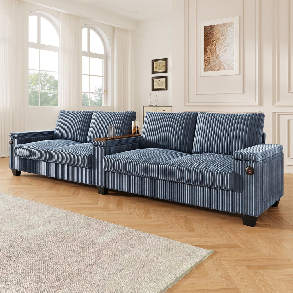 Canapé 4 places moderne en velours côtelé avec ports USB, rangement dissimulé et porte-gobelets rabattables