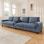 Canapé 4 places moderne en velours côtelé avec ports USB, rangement dissimulé et porte-gobelets rabattables