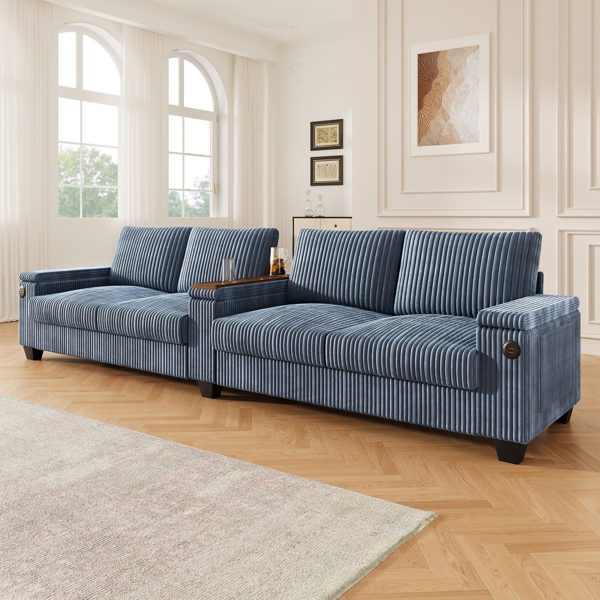 Canapé 4 places moderne en velours côtelé avec ports USB, rangement dissimulé et porte-gobelets rabattables