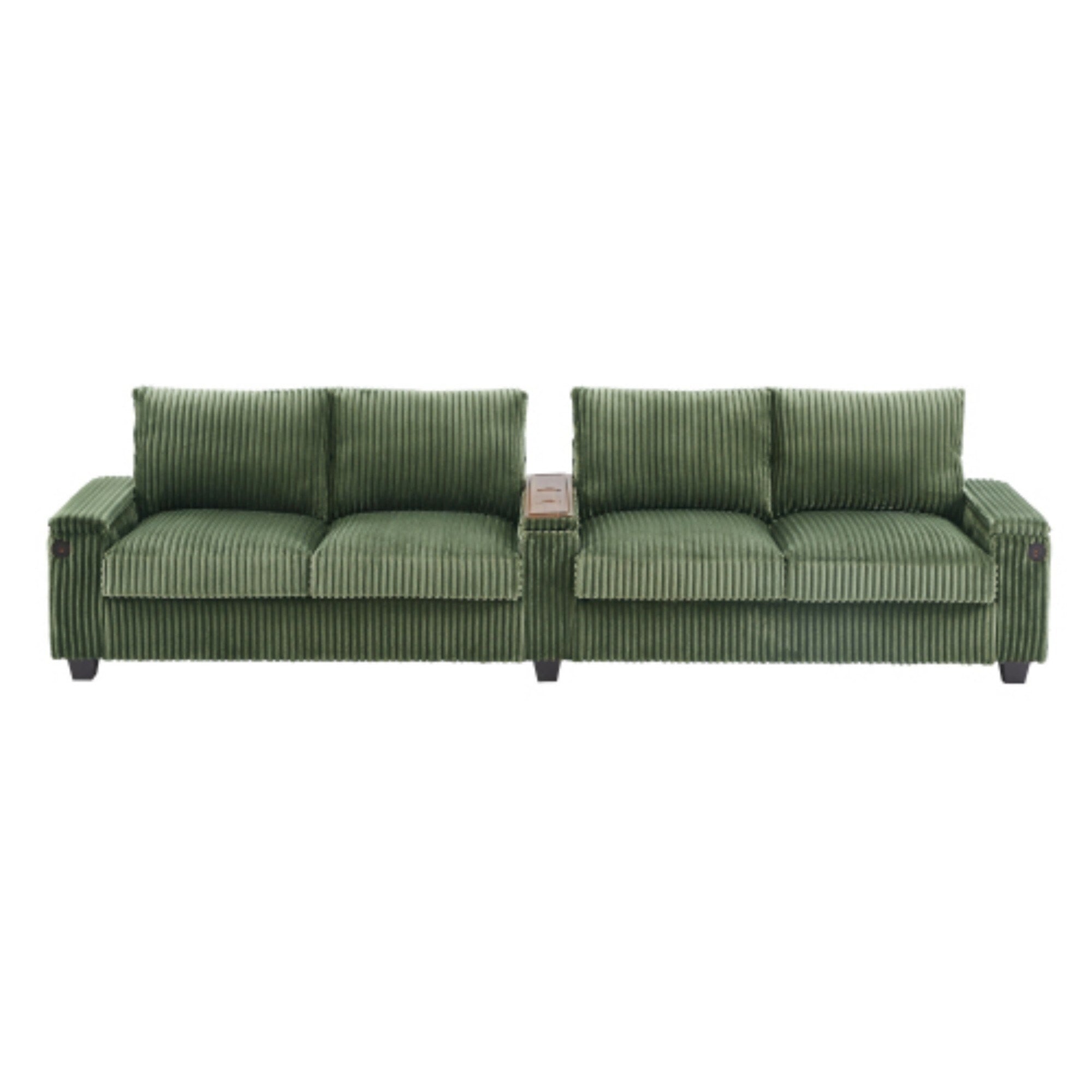 Canapé 4 places moderne en velours côtelé avec ports USB, rangement dissimulé et porte-gobelets rabattables