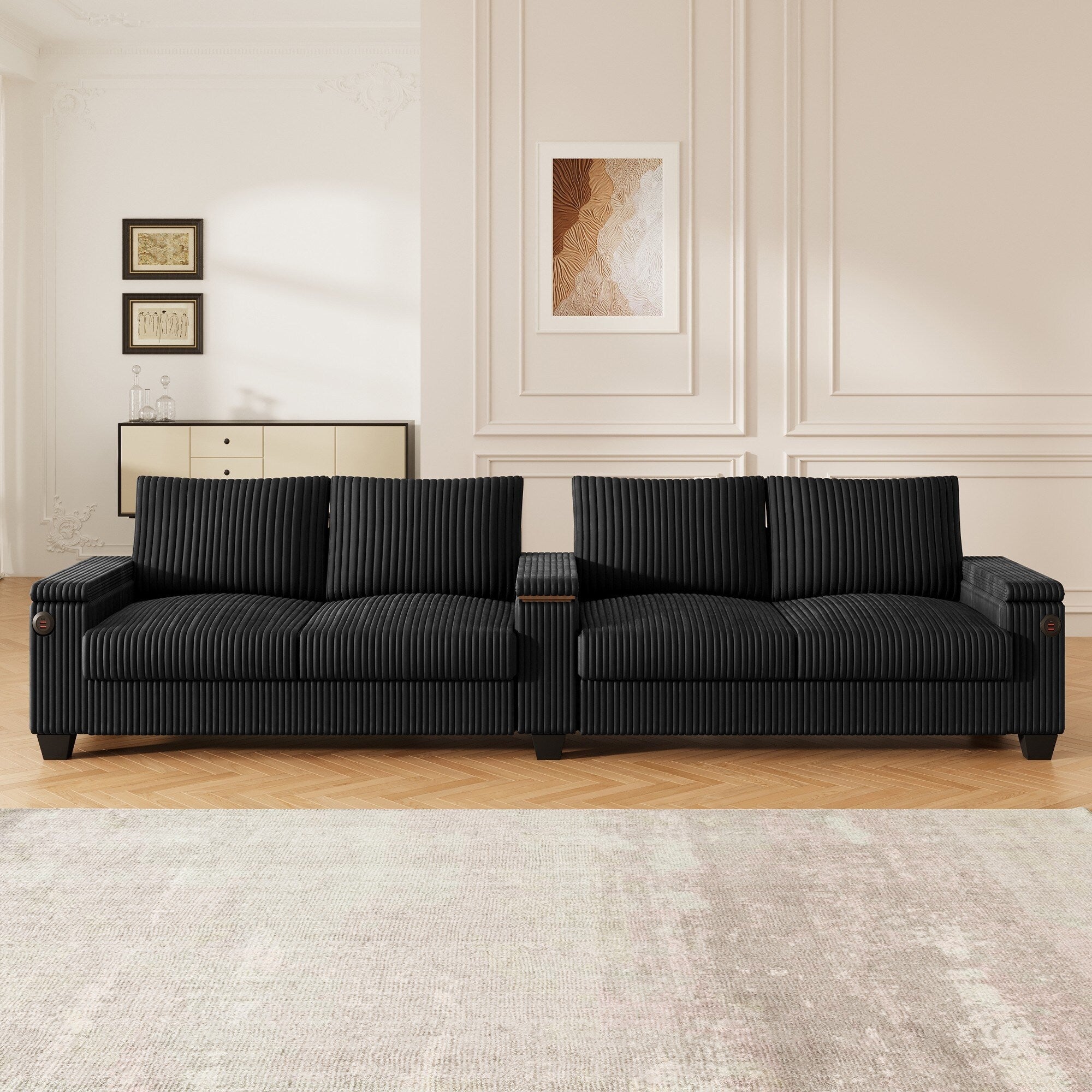 Canapé 4 places moderne en velours côtelé avec ports USB, rangement dissimulé et porte-gobelets rabattables