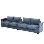 Canapé 4 places moderne en velours côtelé avec ports USB, rangement dissimulé et porte-gobelets rabattables