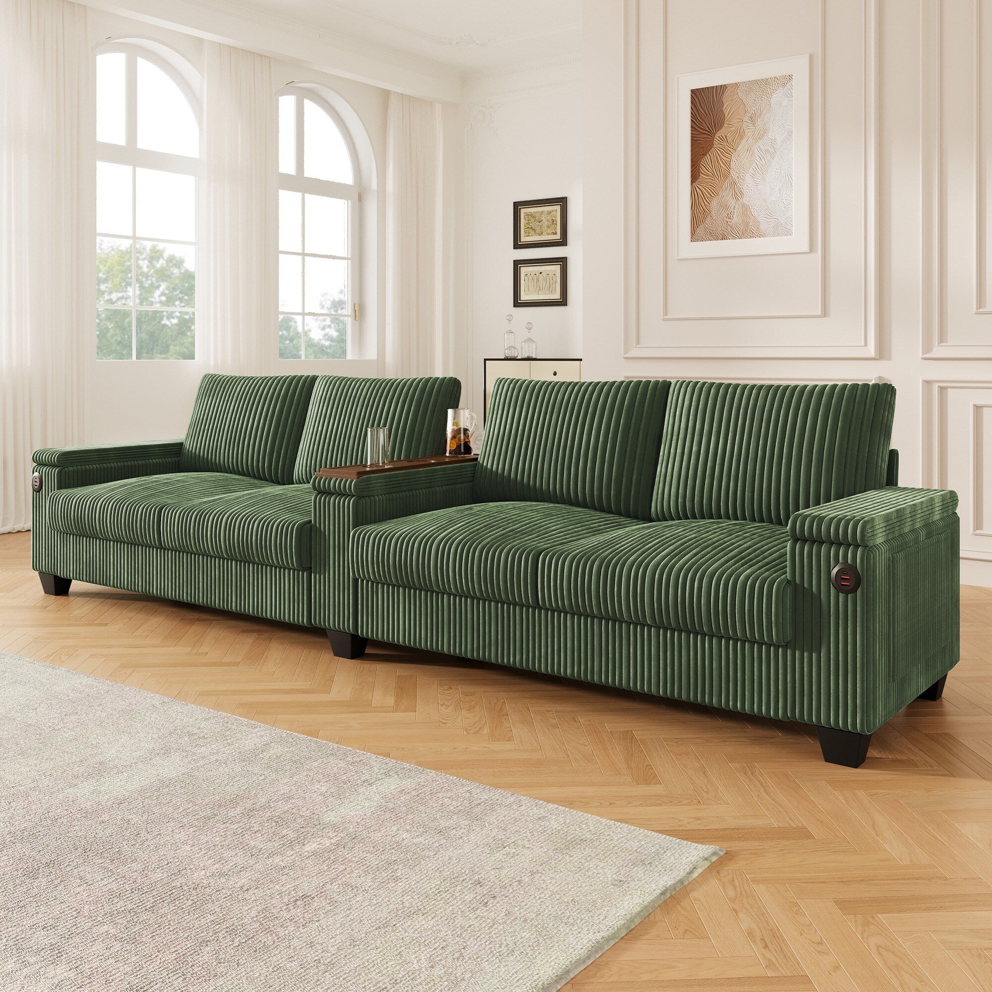 Canapé 4 places moderne en velours côtelé avec ports USB, rangement dissimulé et porte-gobelets rabattables