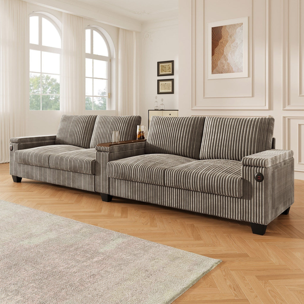Canapé 4 places moderne en velours côtelé avec ports USB, rangement dissimulé et porte-gobelets rabattables