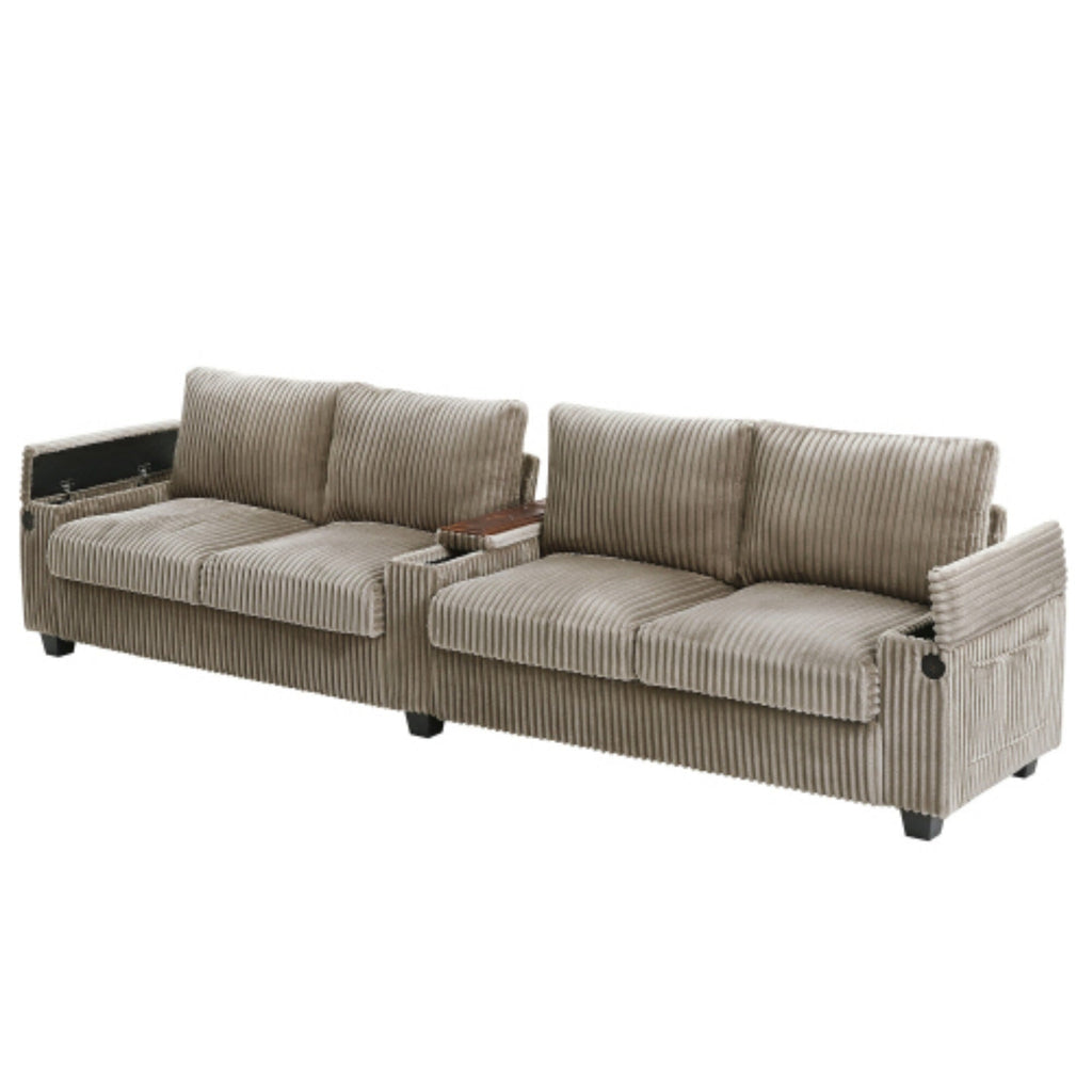 Canapé 4 places moderne en velours côtelé avec ports USB, rangement dissimulé et porte-gobelets rabattables