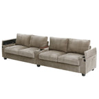 Canapé 4 places moderne en velours côtelé avec ports USB, rangement dissimulé et porte-gobelets rabattables