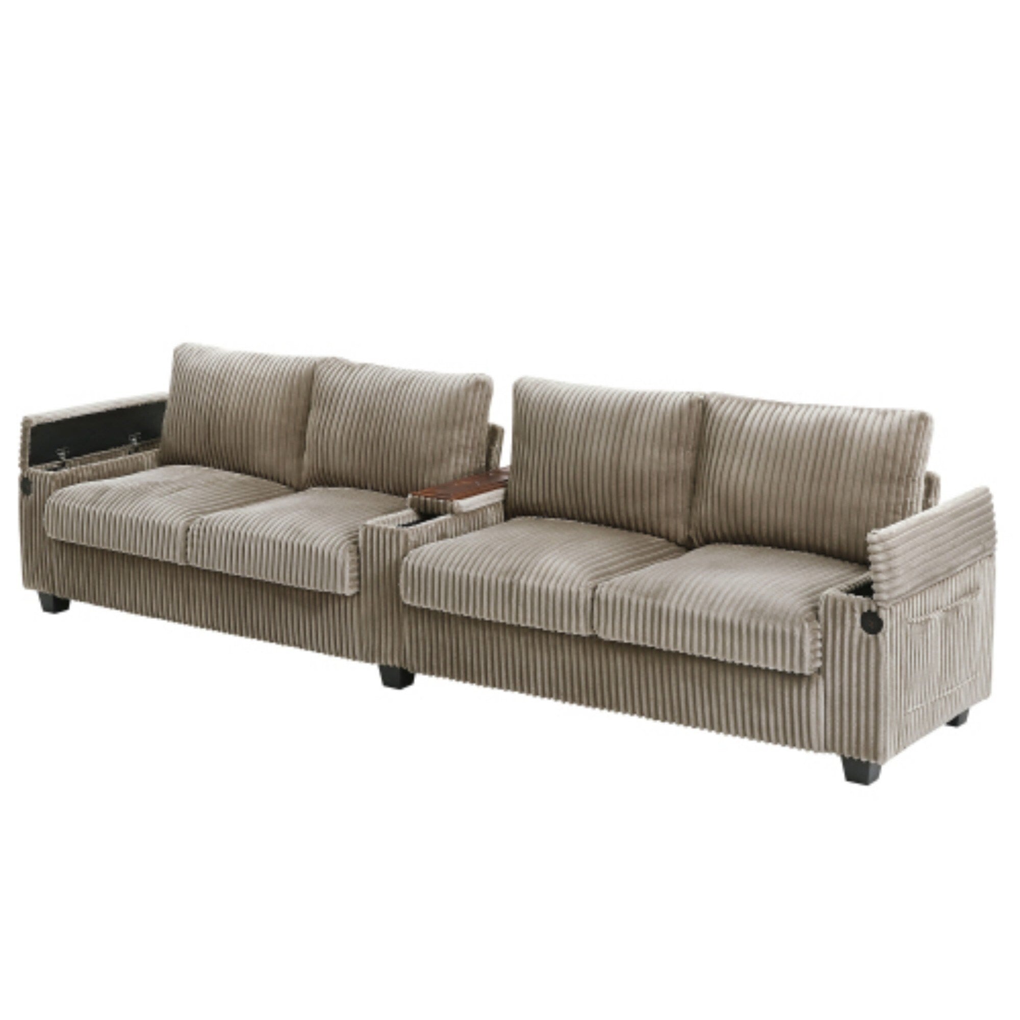 Canapé 4 places moderne en velours côtelé avec ports USB, rangement dissimulé et porte-gobelets rabattables