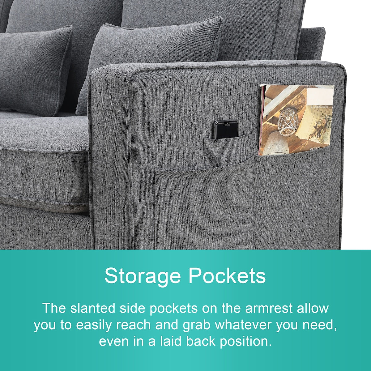 Canapé 4 places moderne en lin avec poches d'accoudoirs et 4 oreillers