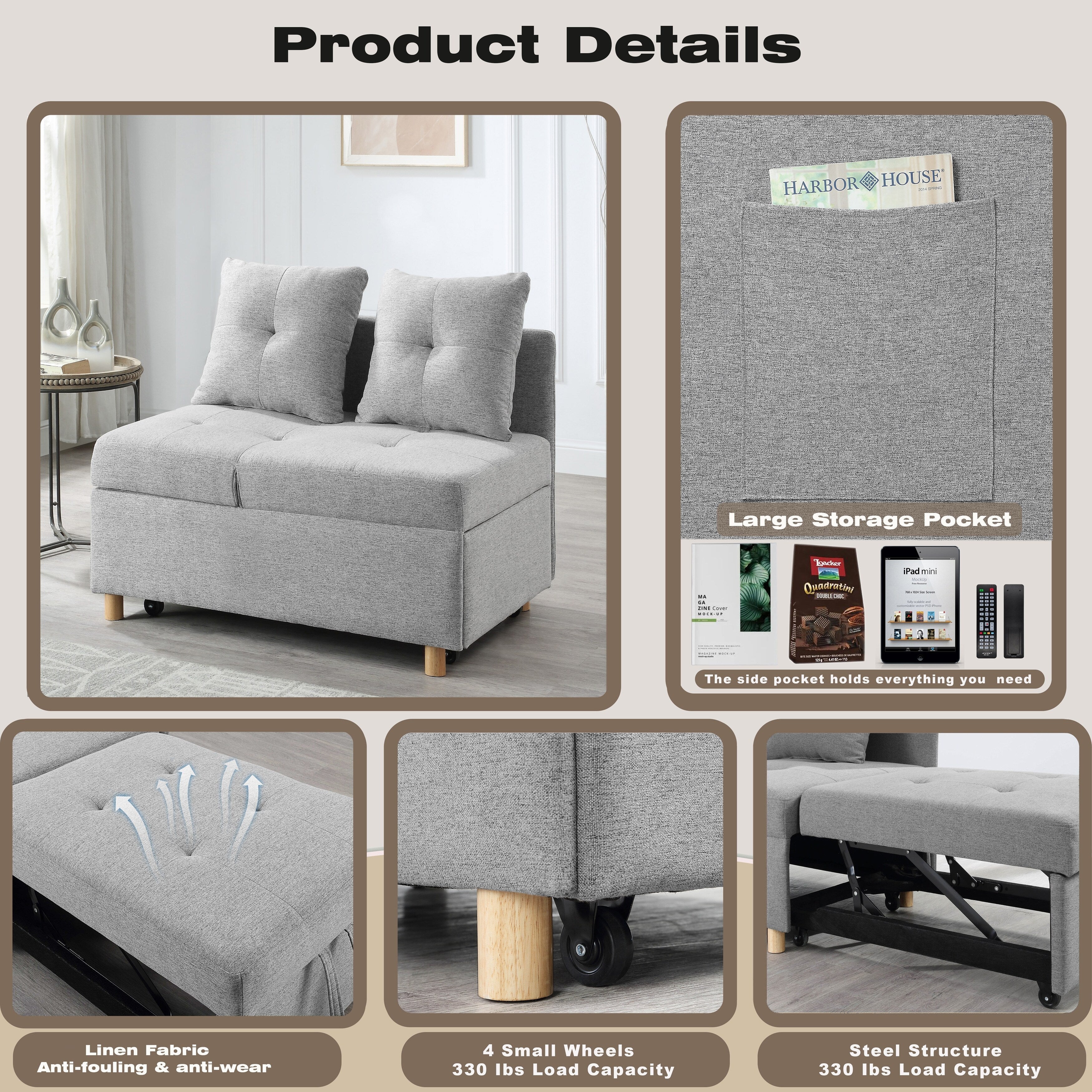 Canapé-lit convertible 4 en 1 avec dossier réglable