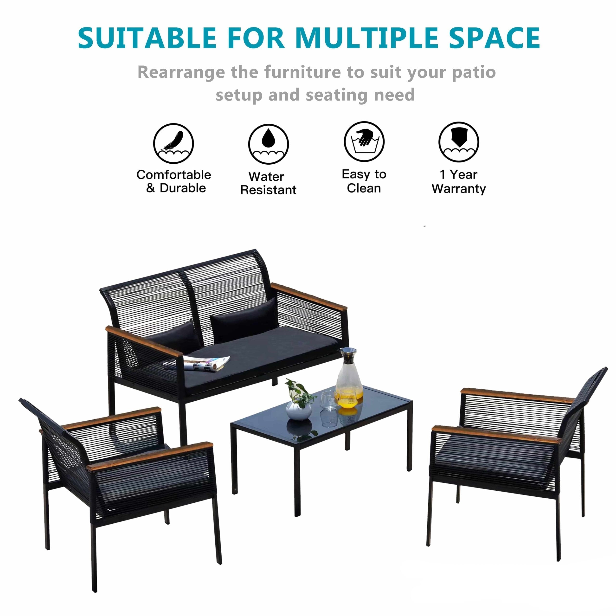 Ensemble de salon de jardin 4 pièces en osier noir