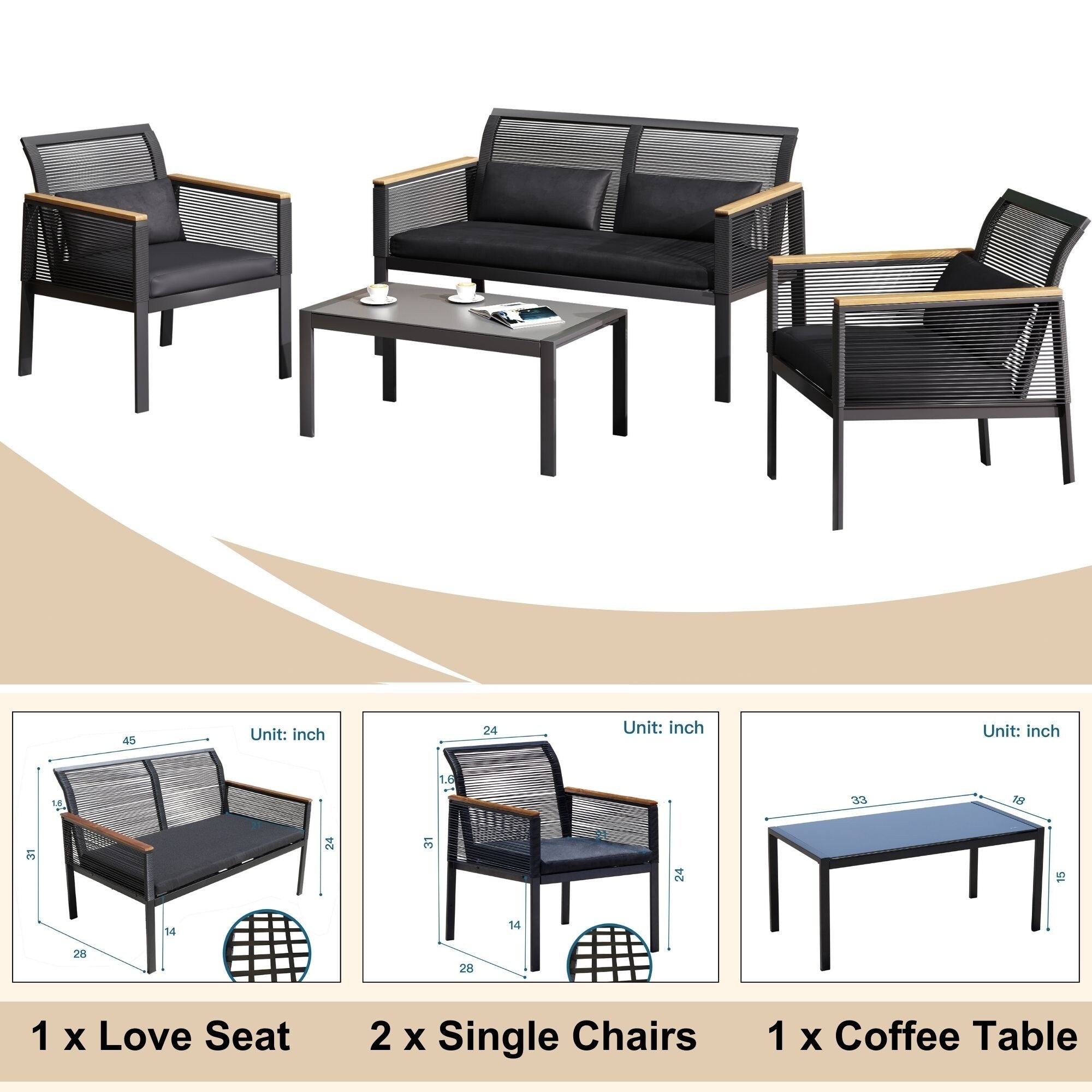 Ensemble de salon de jardin 4 pièces en osier noir