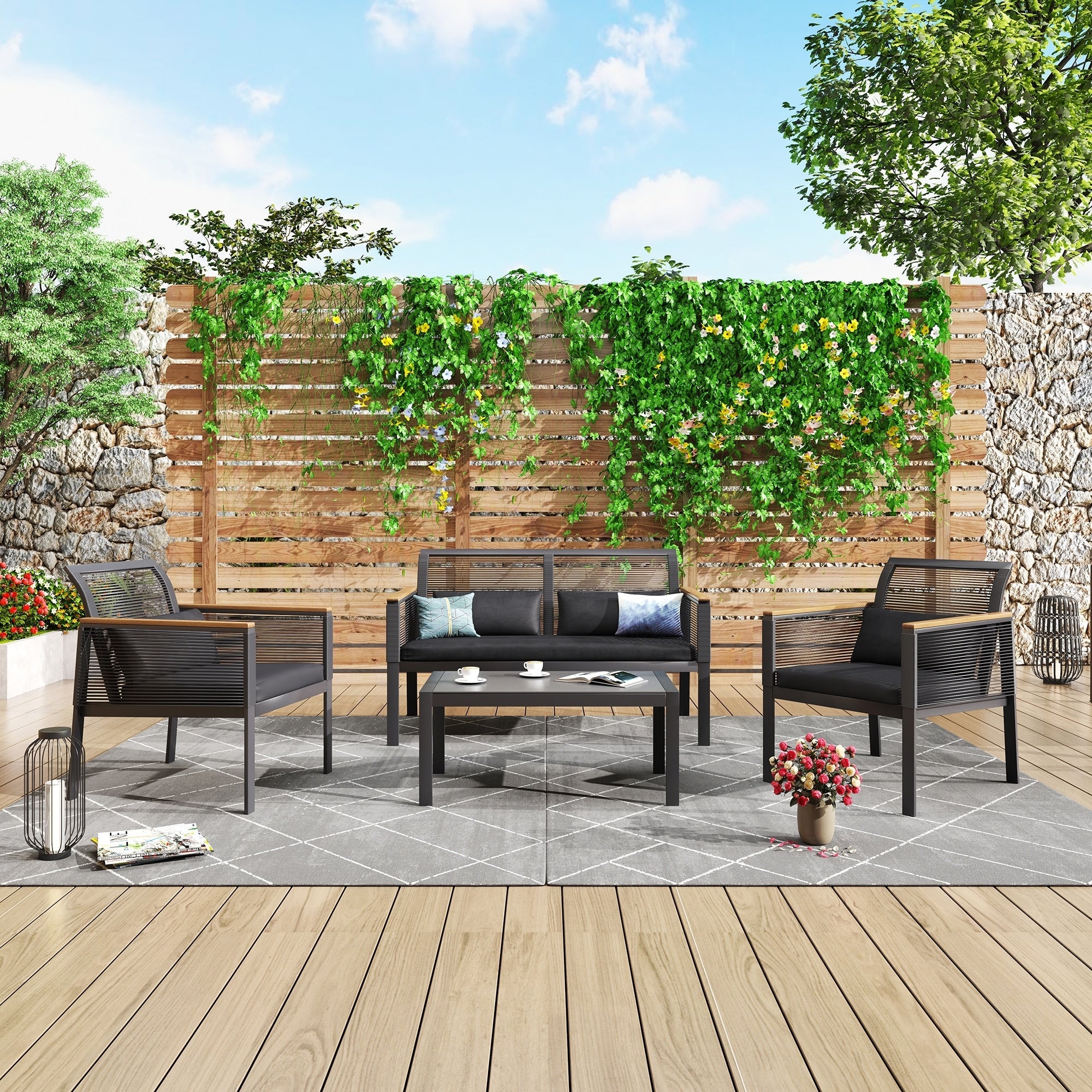 Ensemble de salon de jardin 4 pièces en osier noir