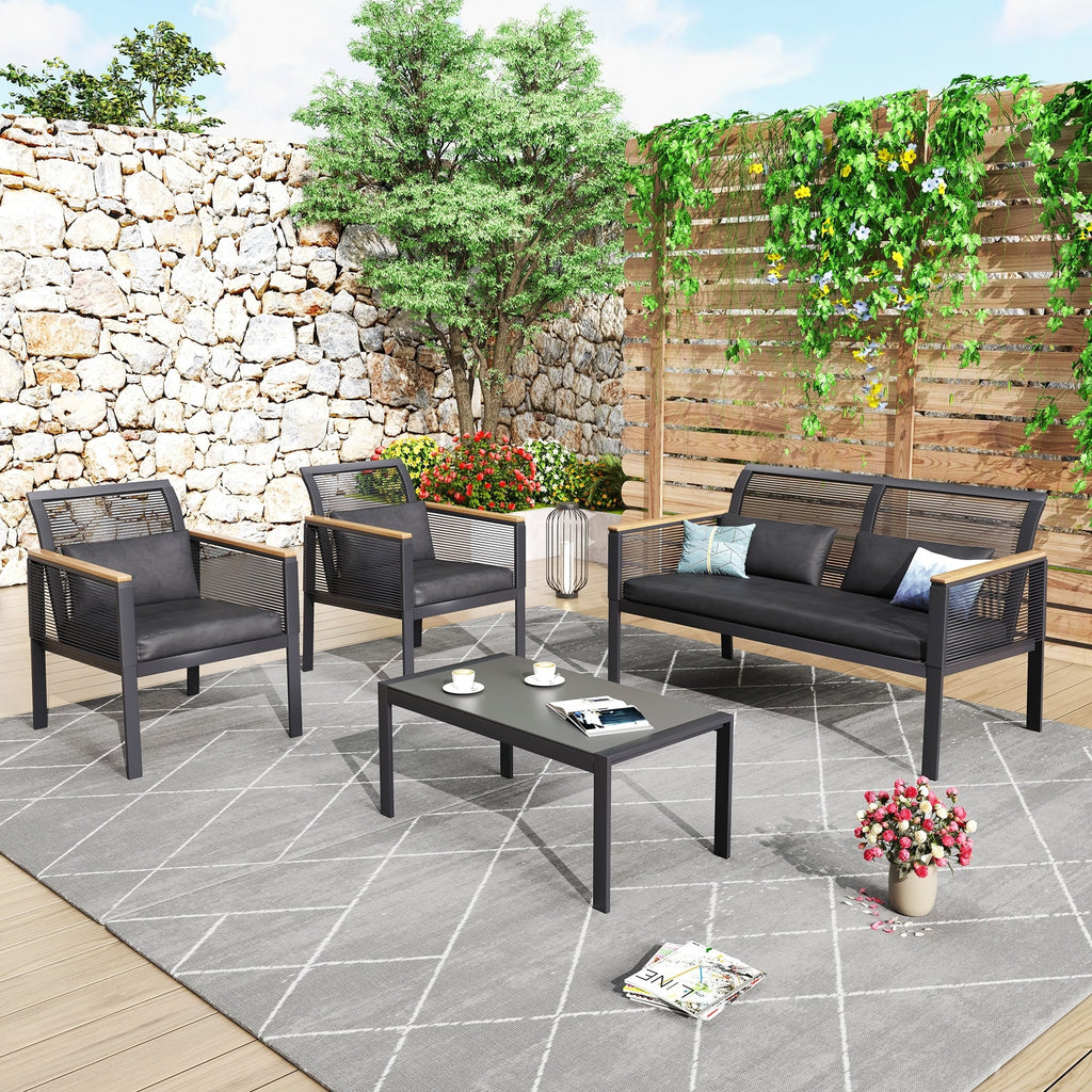 Ensemble de salon de jardin 4 pièces en osier noir