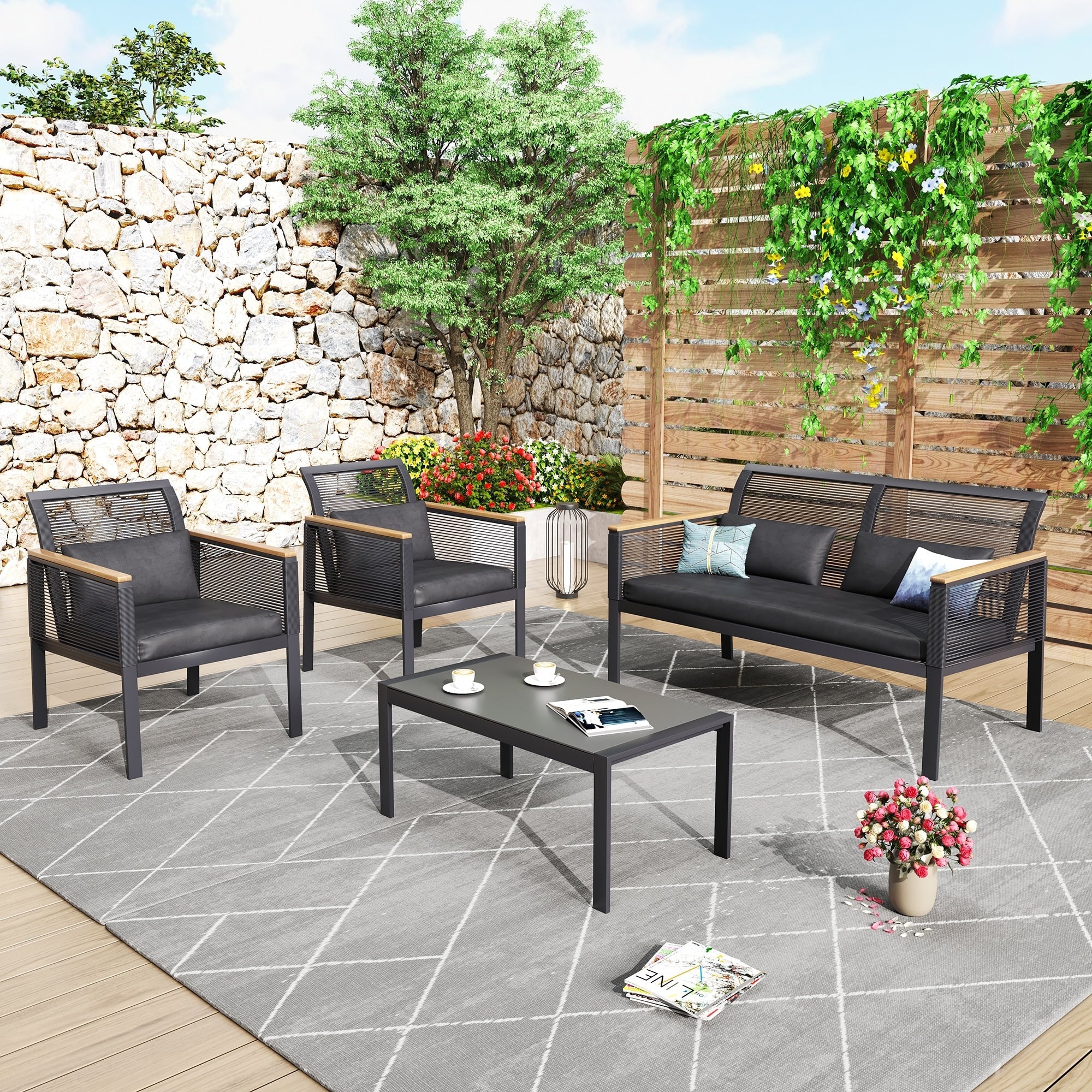 Ensemble de salon de jardin 4 pièces en osier noir