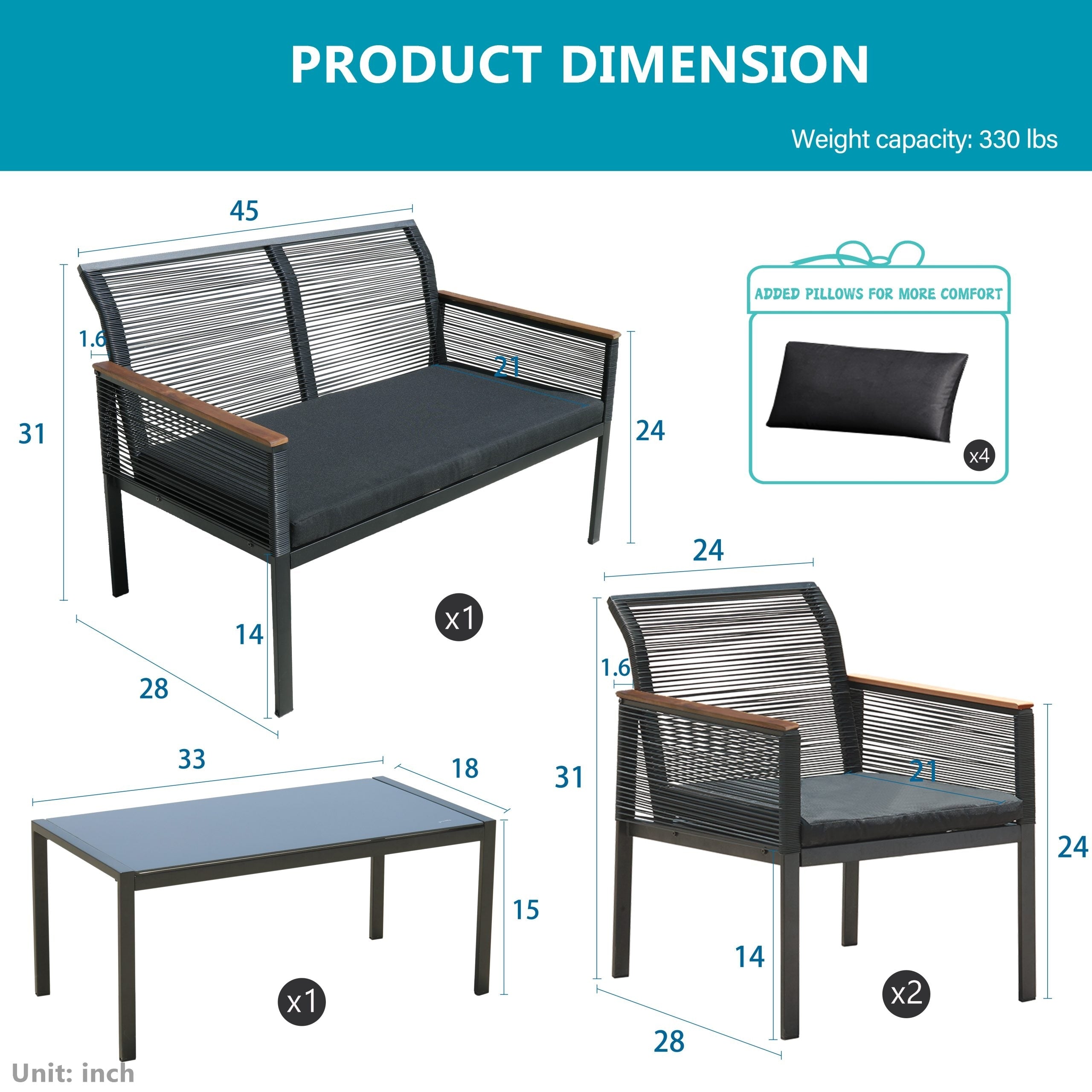 Ensemble de salon de jardin 4 pièces en osier noir