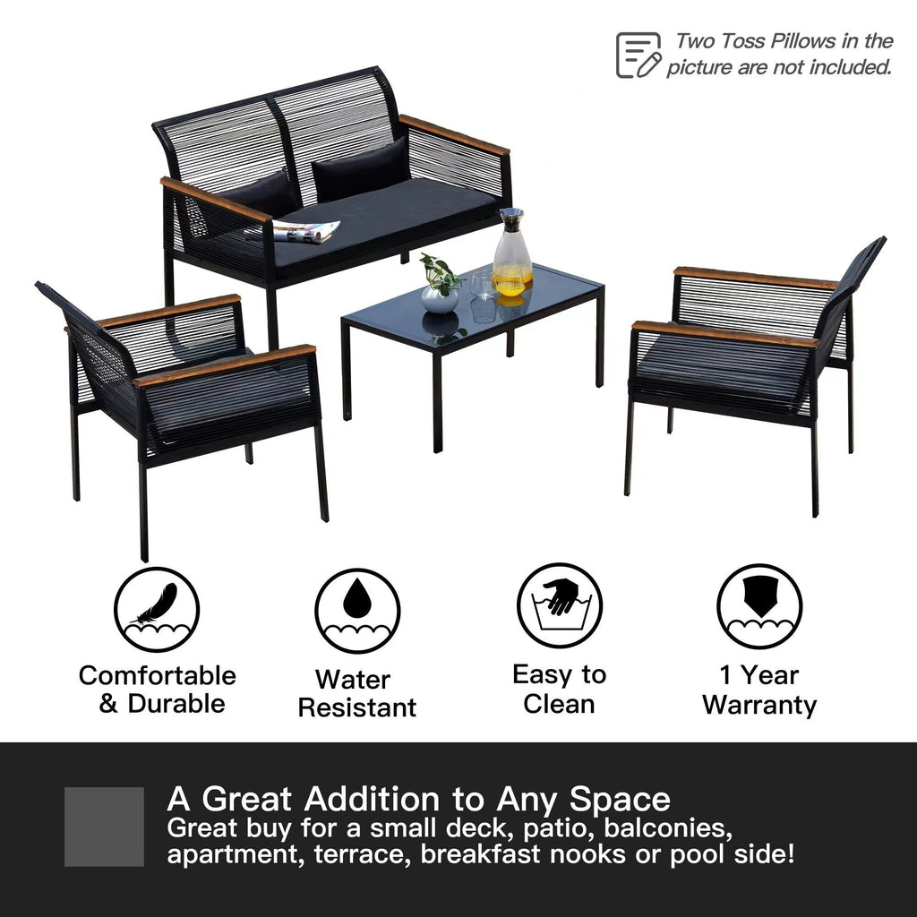 Ensemble de salon de jardin 4 pièces en osier noir