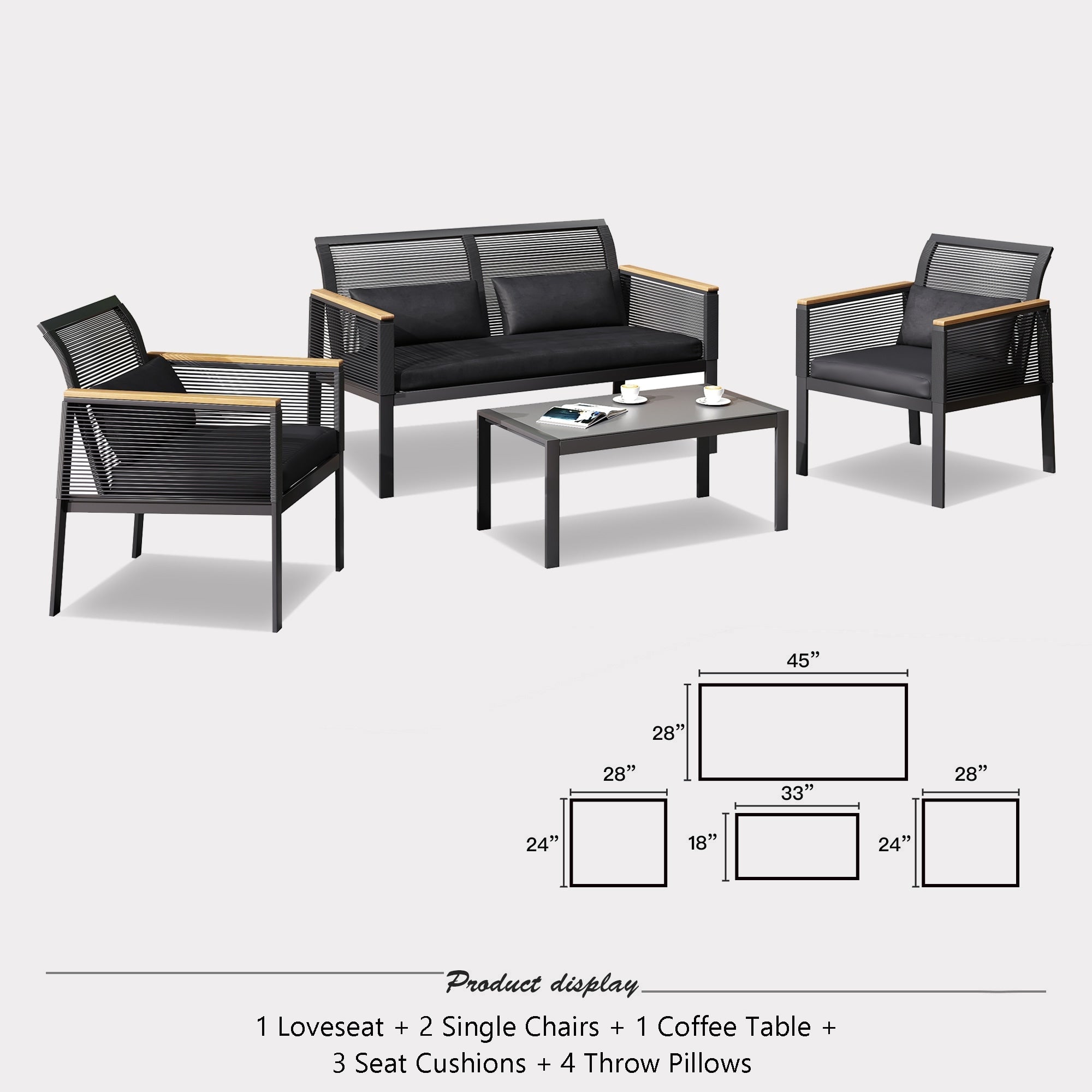 Ensemble de salon de jardin 4 pièces en osier noir